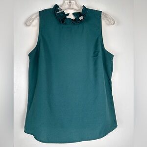 J. Crew Sleeveless Ruffle Neck Tank Blouse Forest Green Size Small Back Tie Bow